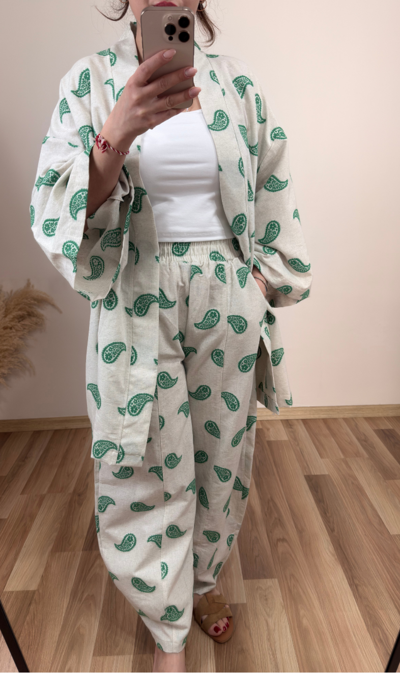 Yeşil Desenli Keten Takım - Sartorial Clothing Co.
