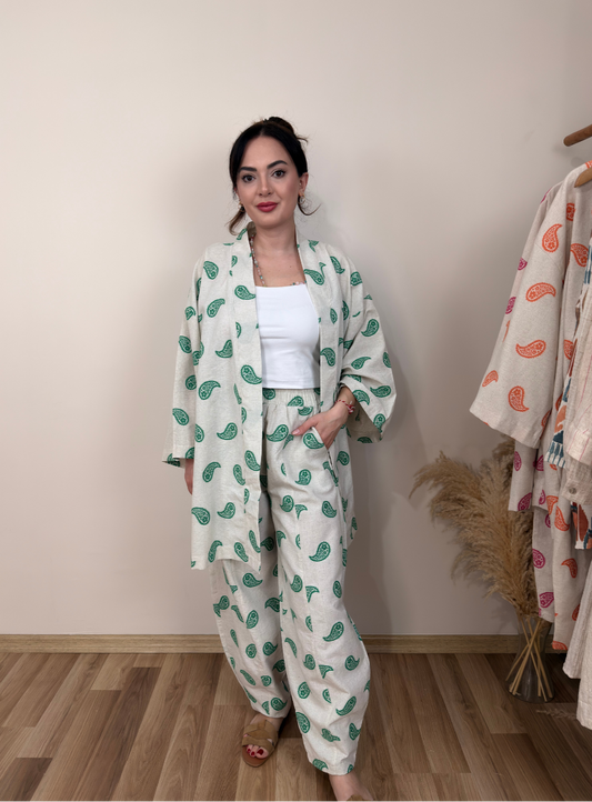 Yeşil Desenli Keten Takım - Sartorial Clothing Co.